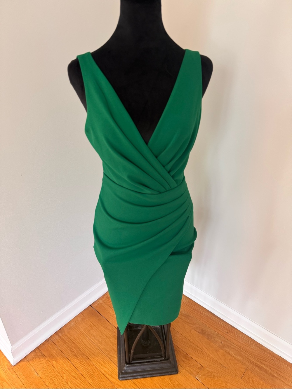 Guess Emerald Green Draped V-Neck Midi Dress